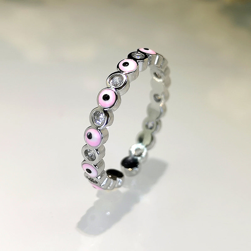 Fashion Jewelry Copper Ring with Micro-inlaid White Zircon and Enamel Evil Eye Design