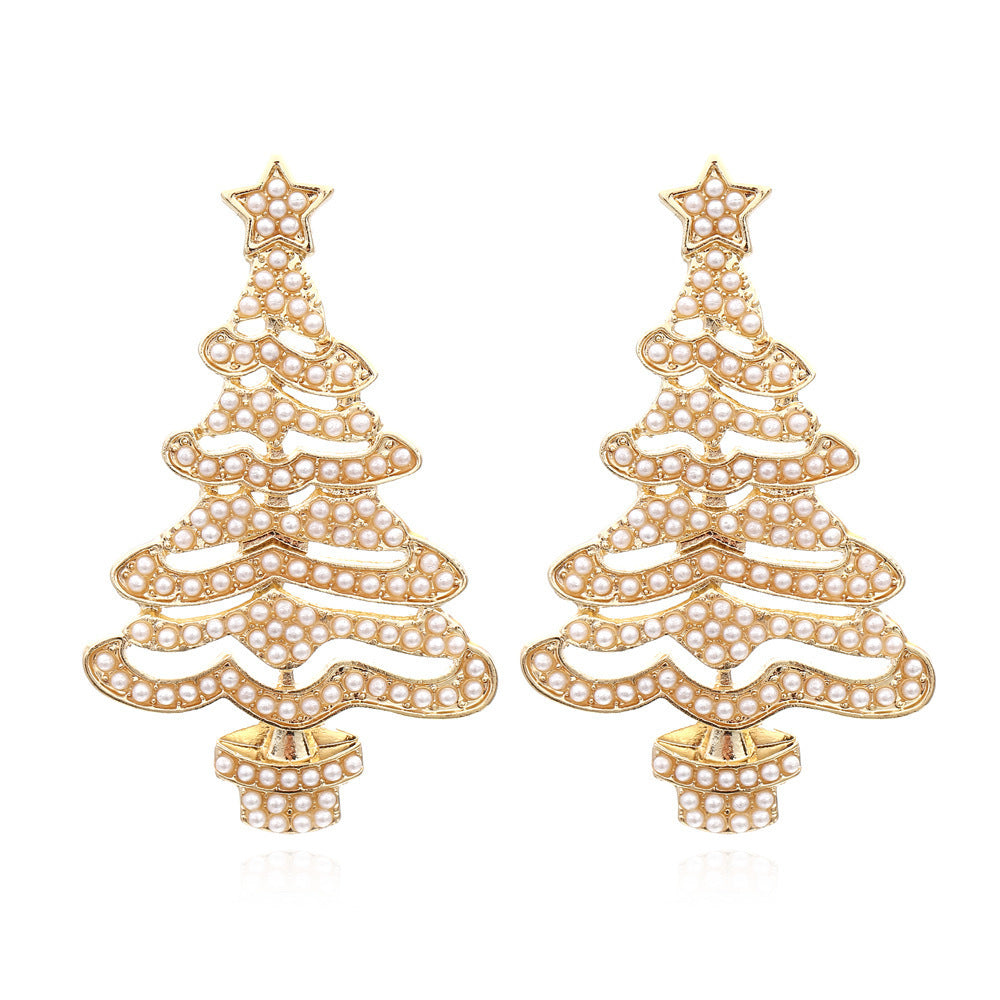Fashion Christmas Tree Star Rhinestone Pearl Drop Earrings for Women