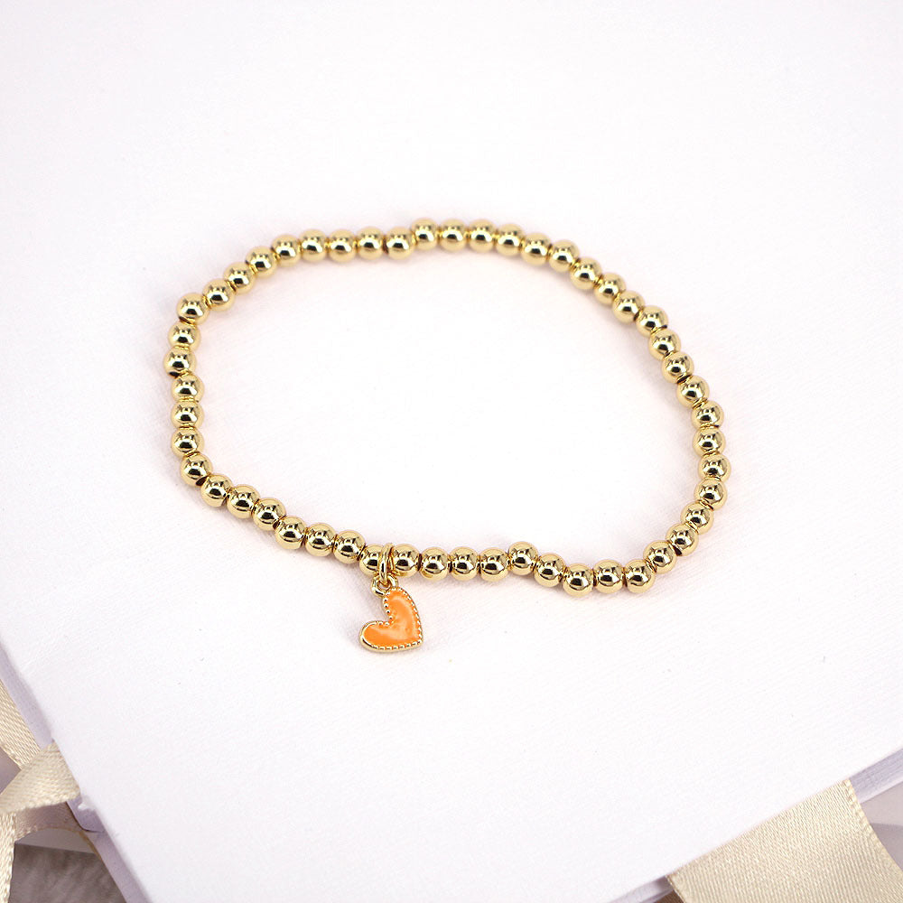 Gold Ball Beaded Heart-shaped Elastic Bracelet with Colorful Oil Drop Accents