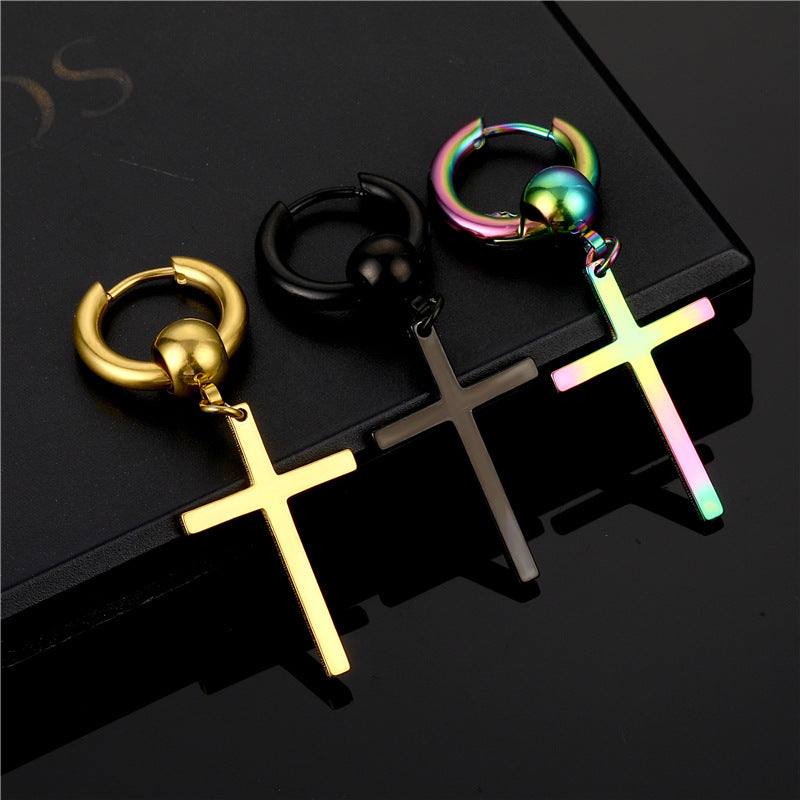 Simple Titanium Steel Cross Hoop Earrings for Men