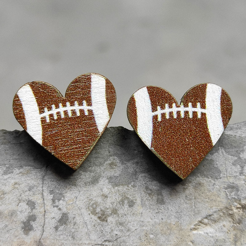 Original Design Sports Heart Shaped Wooden Stud Earrings for Women