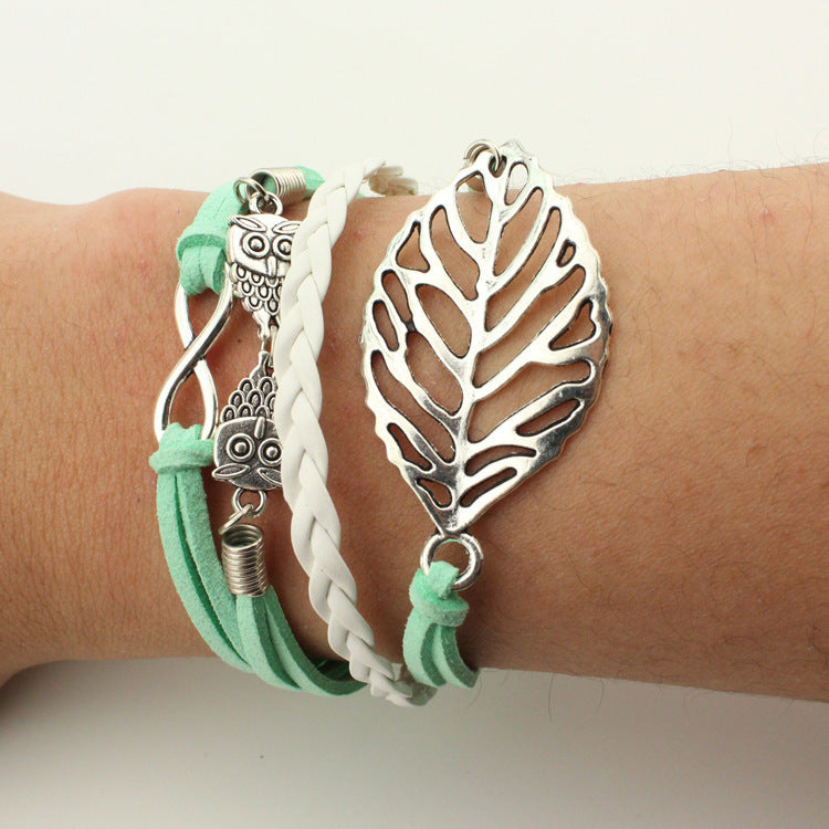 Fashion Multi-Element Leaf Heart Butterfly Owl Braided Women's Bracelet