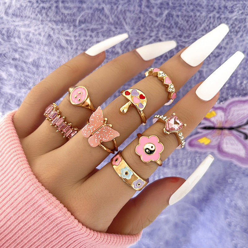 European American Tai Chi Pink Diamond Flower & Heart Ring Set