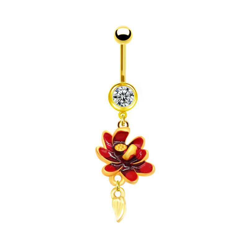 Sweet Pastoral Rose Flower Belly Ring with Colorful Water Droplets and Rhinestones in Stainless Steel and Gold Plated Finish