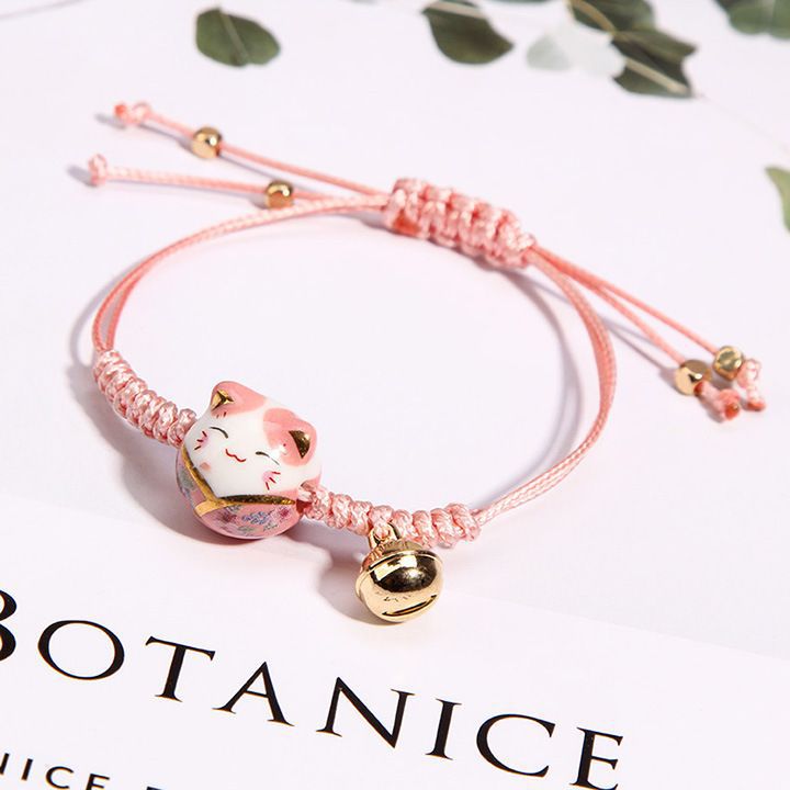 Korean Fashion Ceramic Lucky Cat Adjustable Weaving Bracelet for Women
