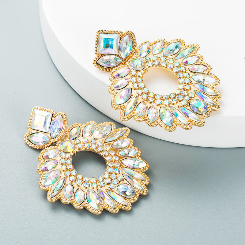 Geometric Flower Rhinestone Inlaid Pendant Earrings