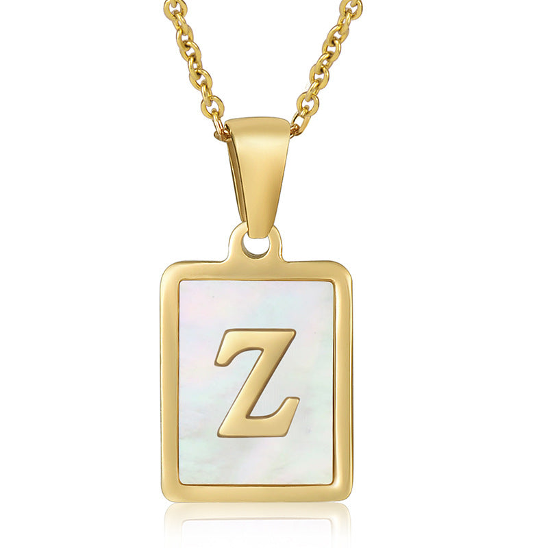 Stainless Steel Alphabet Pendant Necklace with Inlay Shell and 18K Gold Plating