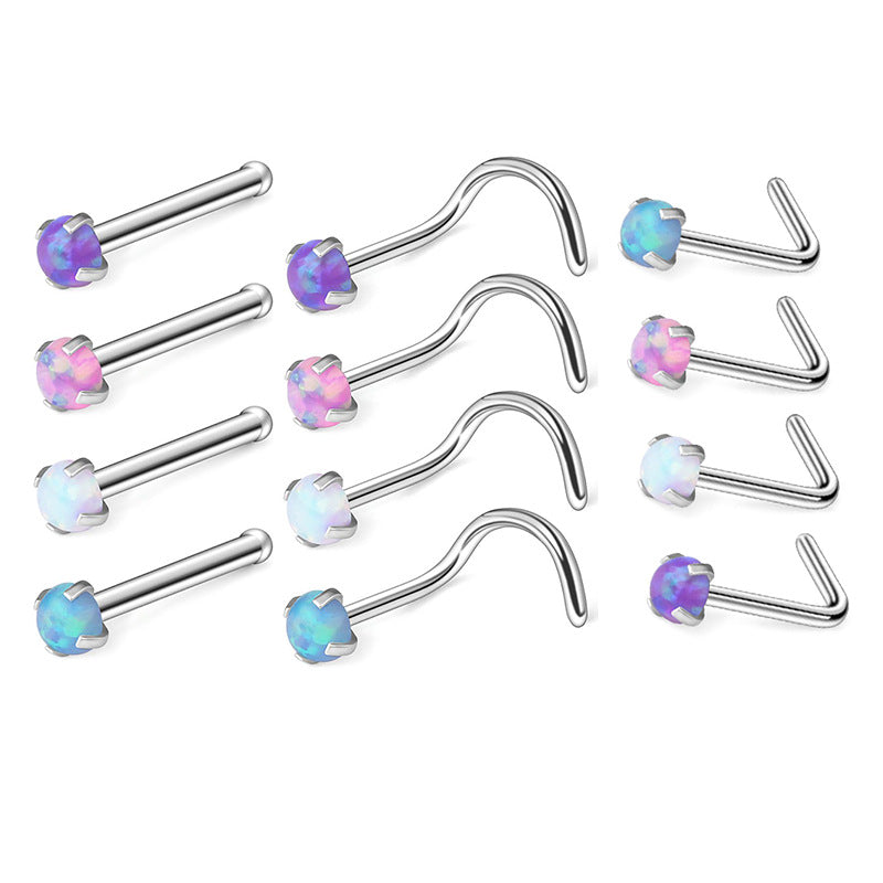 20G Titanium Steel Opal Nose Stud with Four-Prong Design