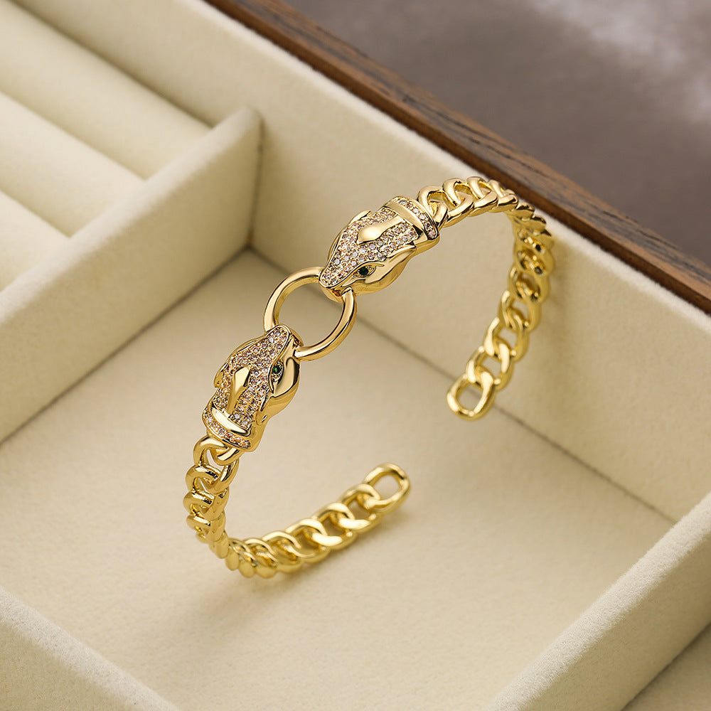 Hip-Hop Leopard Zircon 18K Gold Plated Bangle Bracelet