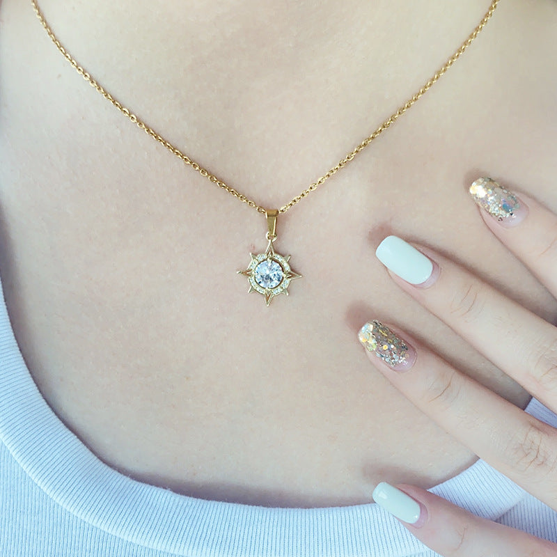Korean Style Starry Sky Moon and Sun Gold Plated Pendant Necklace - Stainless Steel with Zircon Inlay