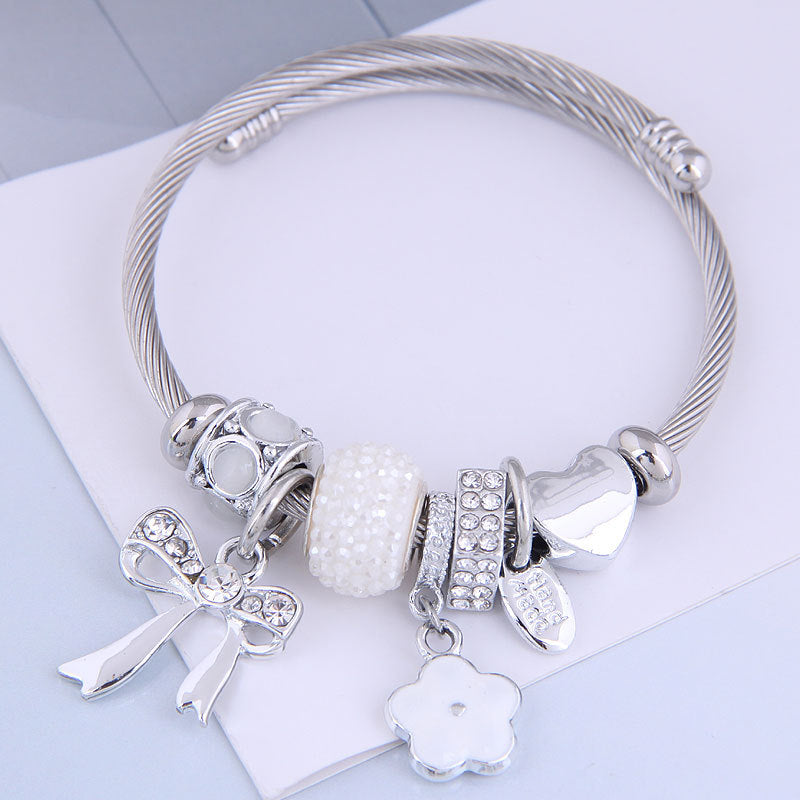 Fashion Stainless Steel Open Cuff Bracelet with Heart and Bowknot Charms