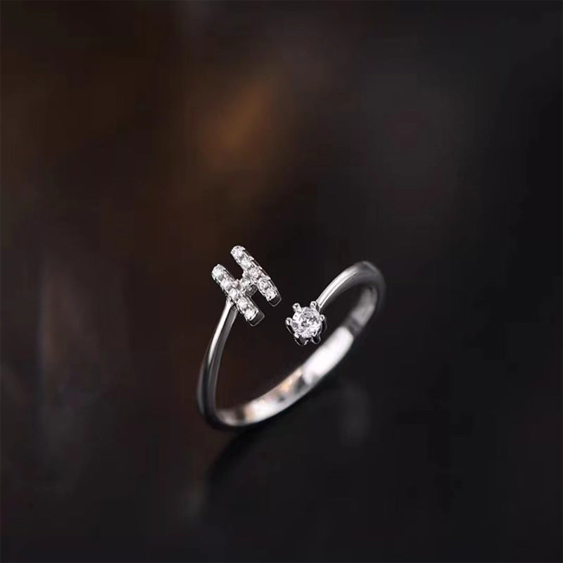 26 English Letters Zircon Sterling Silver S925 Adjustable Ring Jewelry