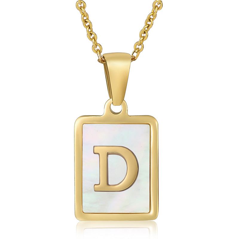 Stainless Steel Alphabet Pendant Necklace with Inlay Shell and 18K Gold Plating