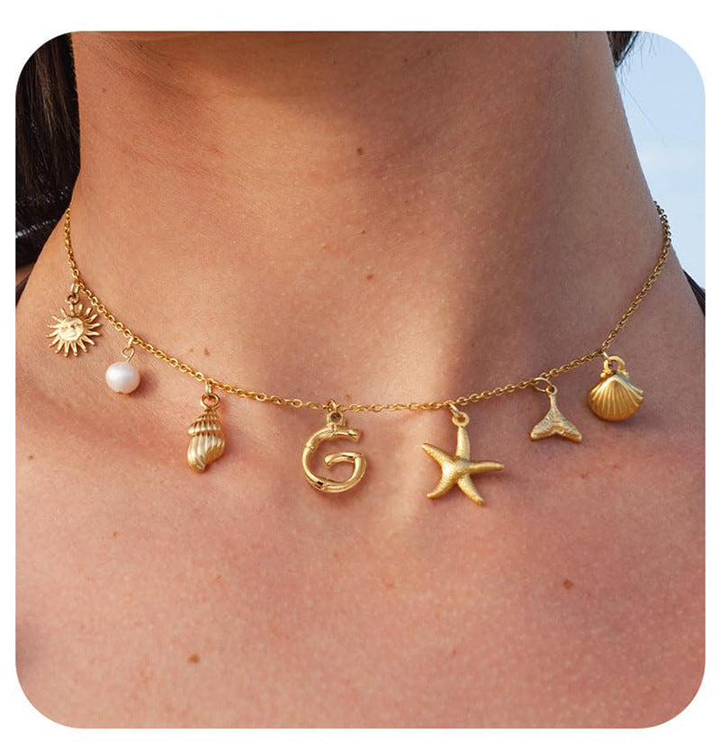 Copper Sun Starfish Pendant Necklace - Summer Beach Shell Choker