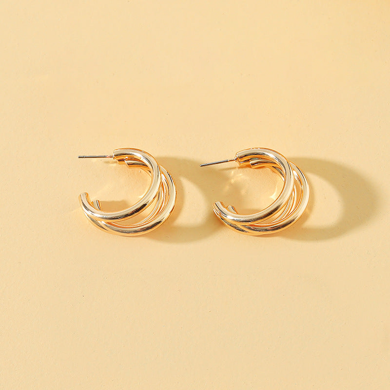 Korean Geometric Triple Circle Alloy Earrings - Trendy Vintage Style