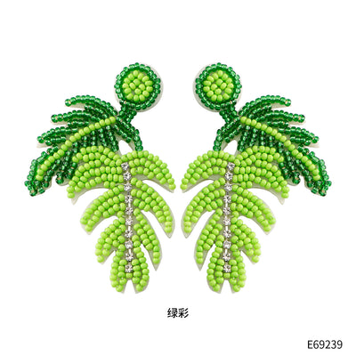 Hawaiian Bohemian Green Monstera Seed Bead Drop Earrings