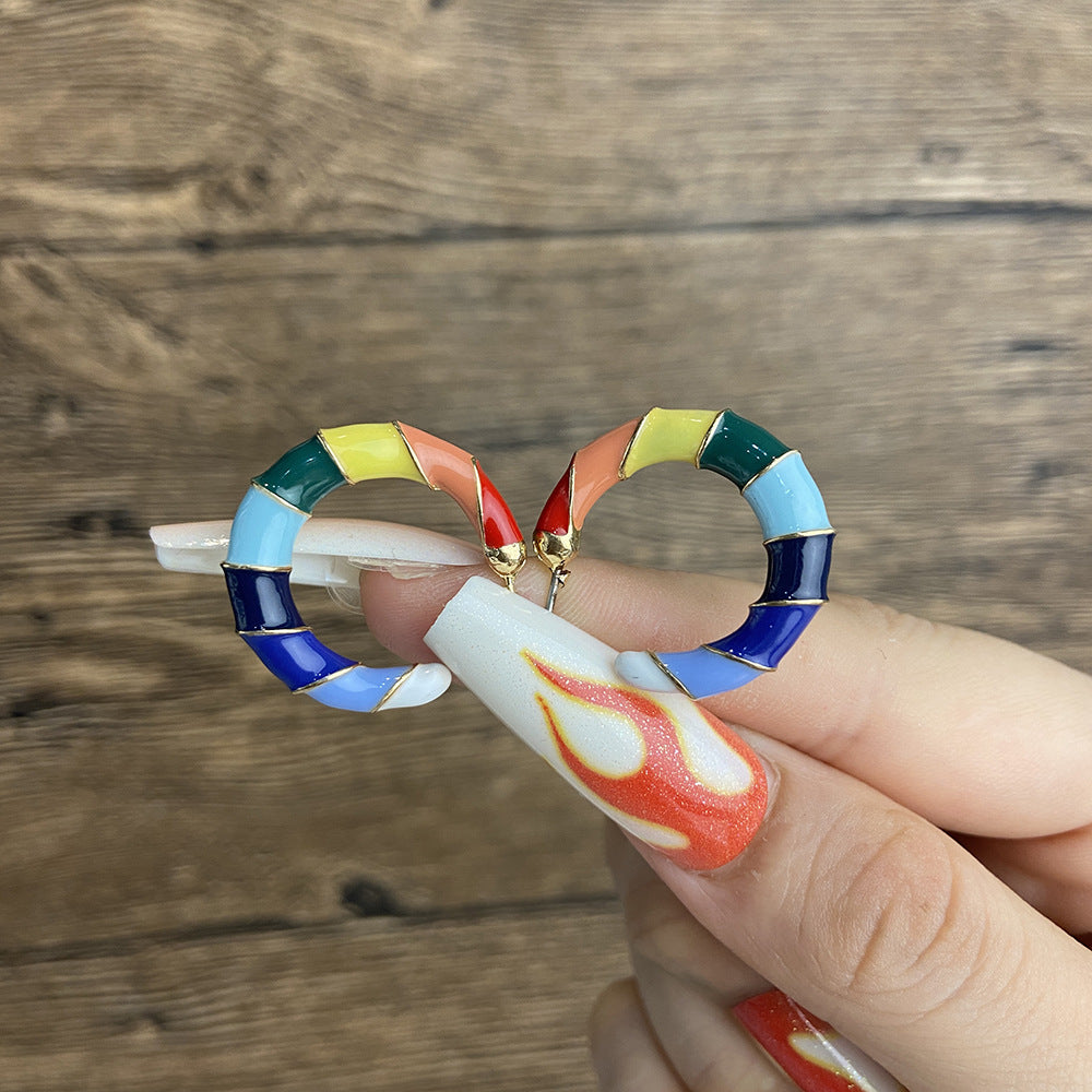 Colorful Heart & Bamboo Hoop Enamel Earrings 2023