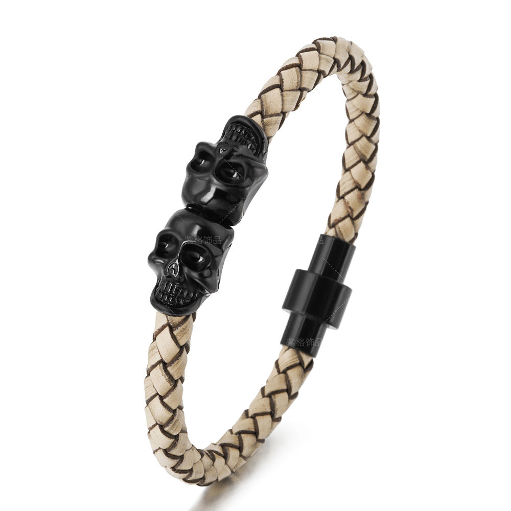 European American Cowhide Skull Magnetic Clasp Men's Bracelet