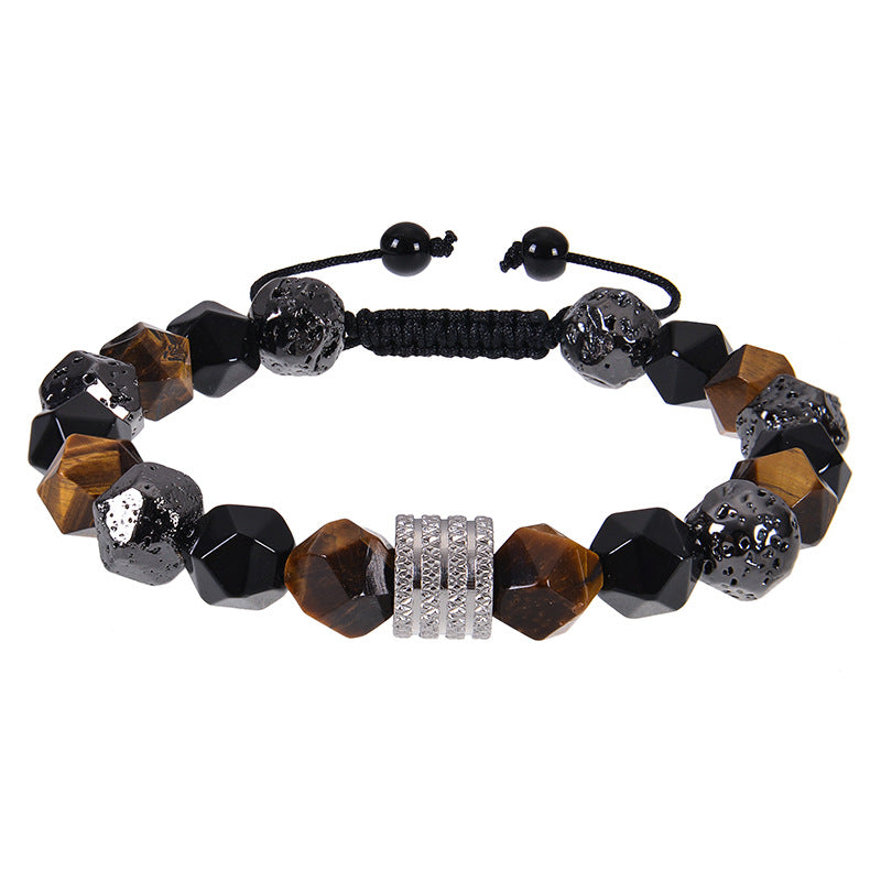 Geometric Alloy Tiger Eye & Obsidian Men's Bracelet with Black Magnet Braided Stainless Steel 10mm Faceted Stone