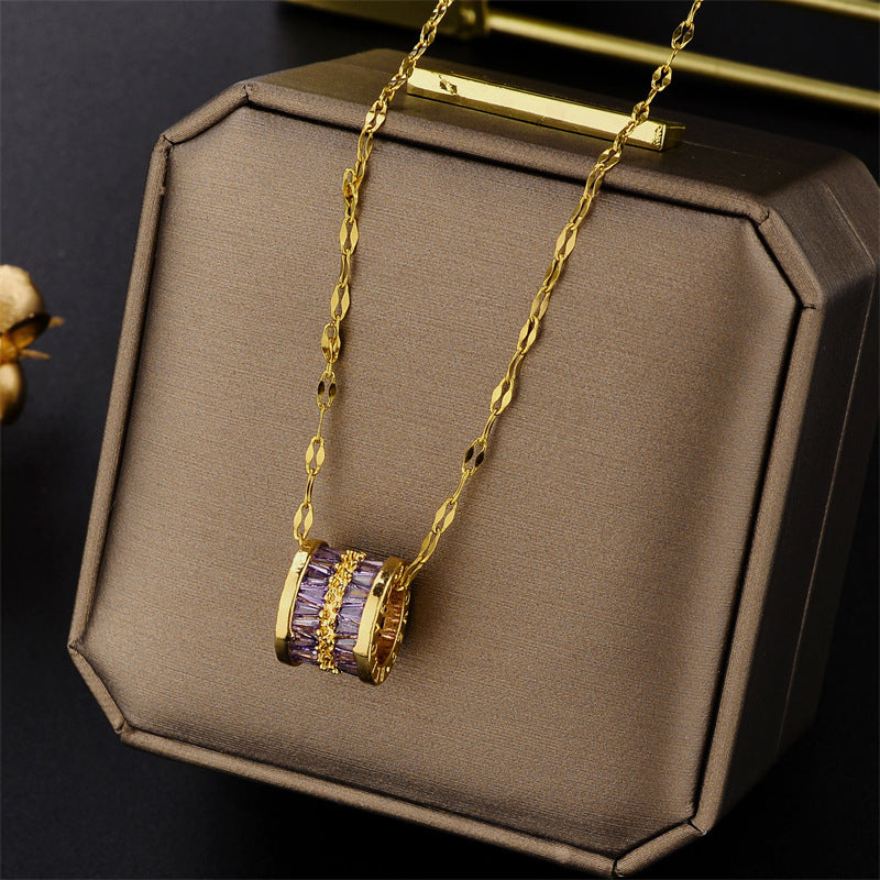 Elegant Geometric Zircon Pendant Necklace in Gold-Plated Titanium Steel