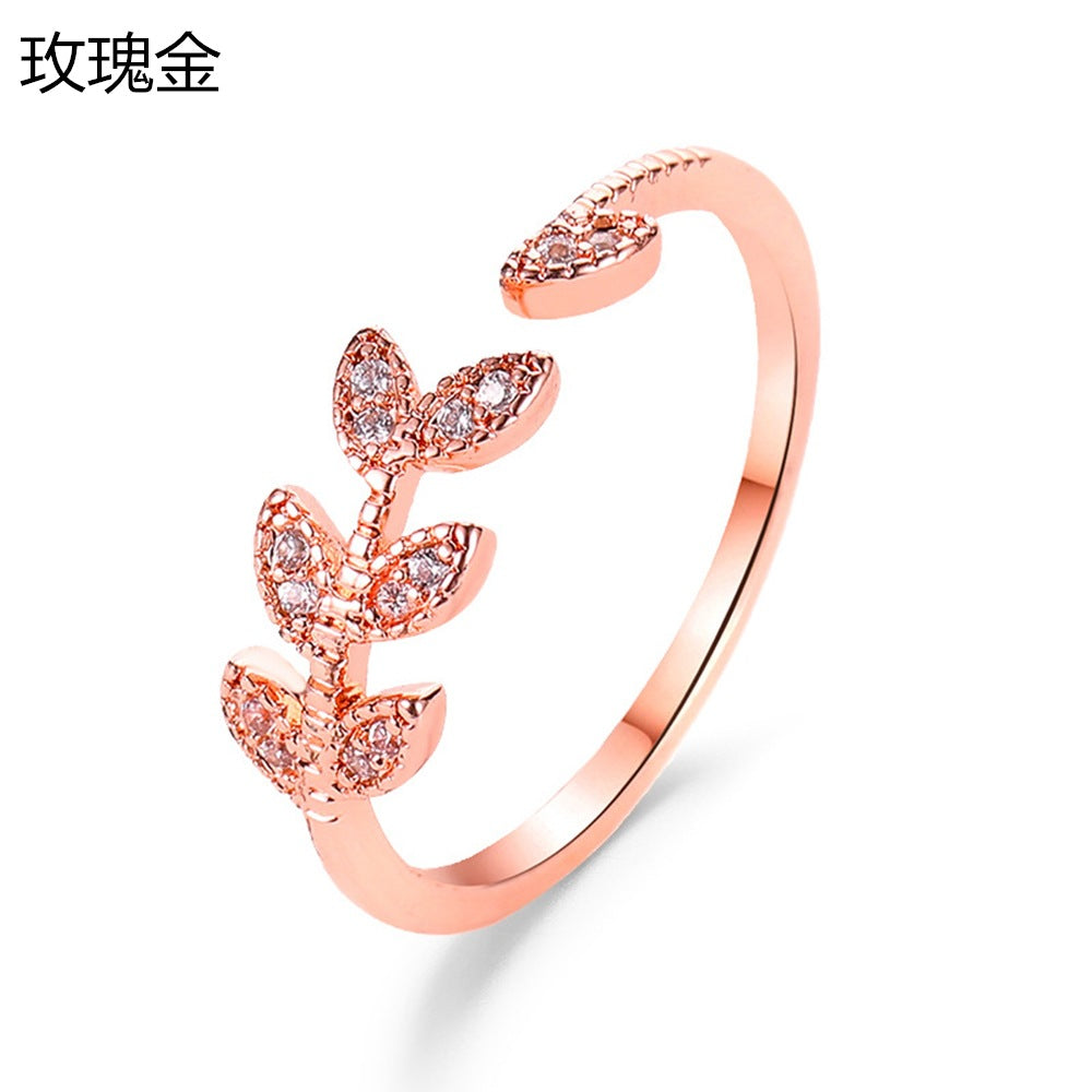Adjustable Creative Cross Branch and Leaf Ring with Diamond Accents