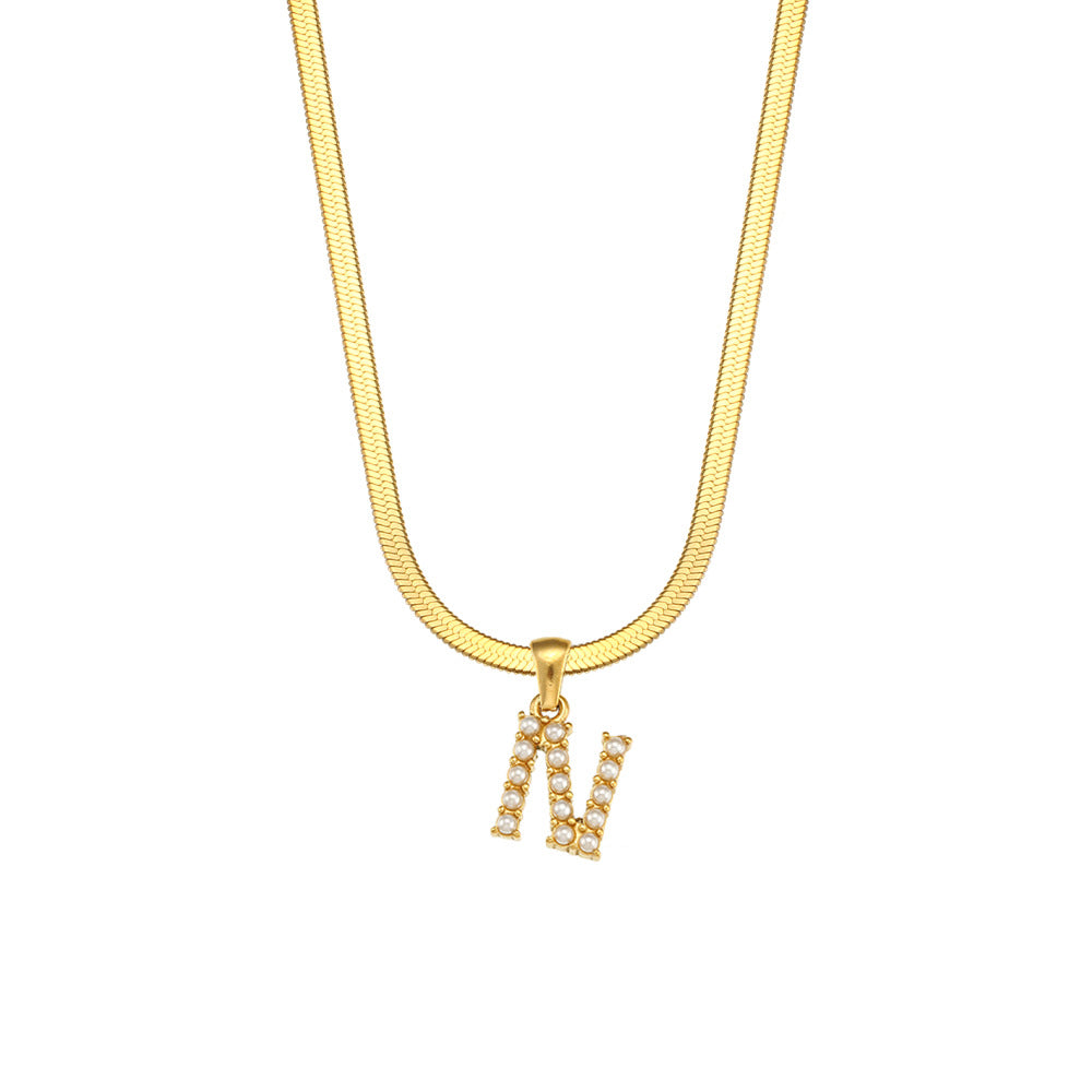 Elegant Letter Pendant Necklace with 18K Gold Plated Snake Chain and Artificial Pearls