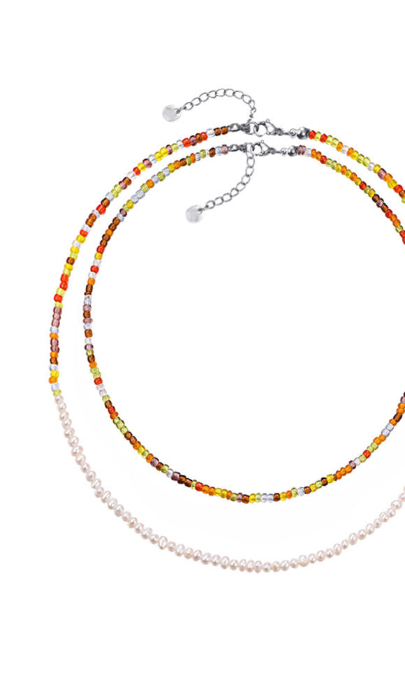 Korean Colorful Flower Earrings and Beaded Pearl Necklace Set for Women