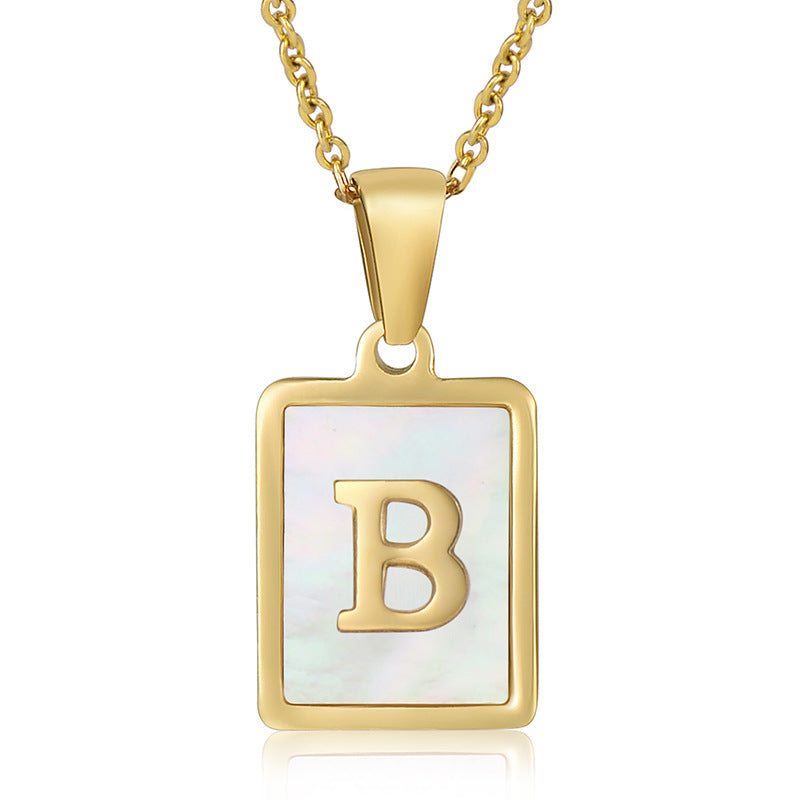 Stainless Steel Alphabet Pendant Necklace with Inlay Shell and 18K Gold Plating