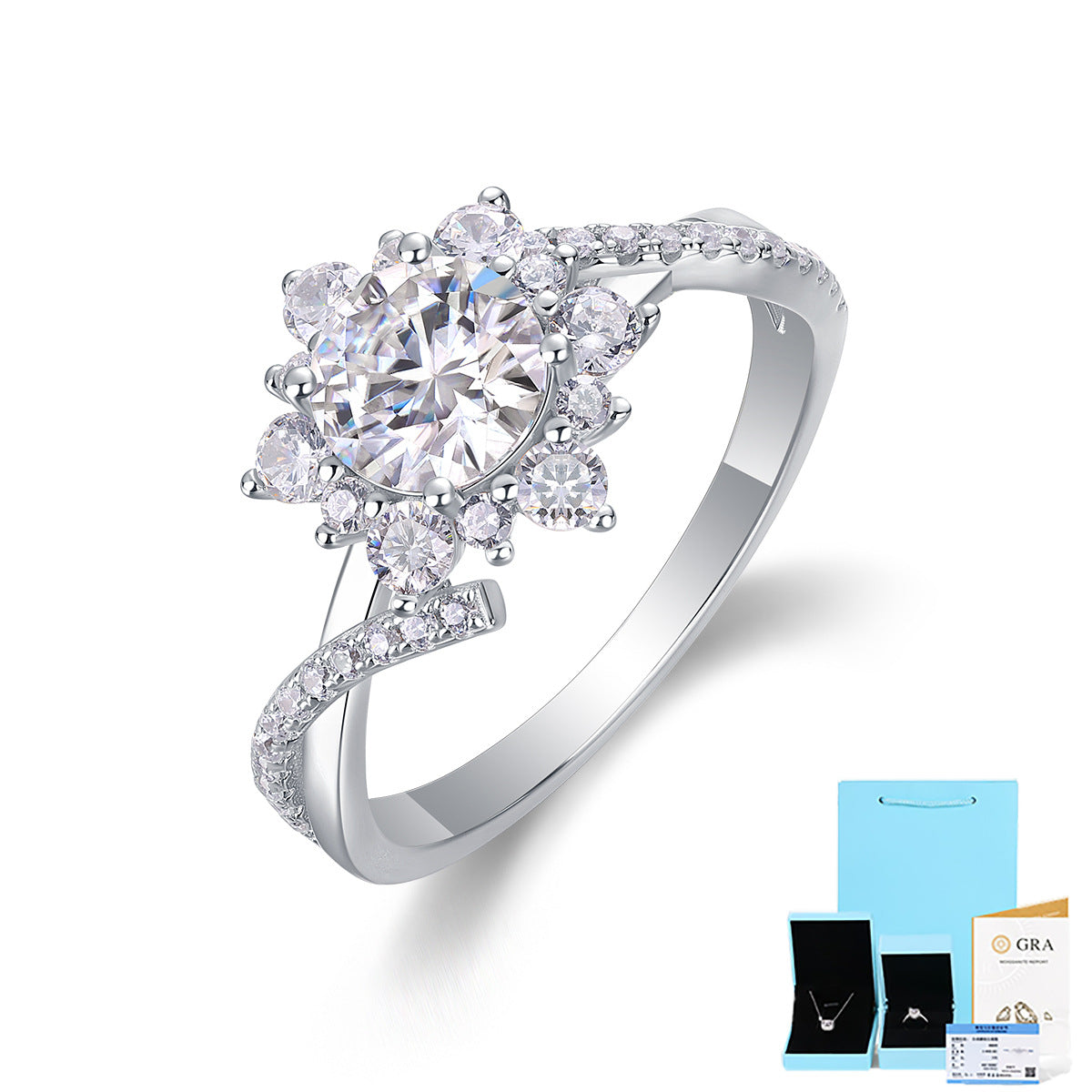 Sterling Silver Moissanite Geometric Six-Prong Ring with GRA Certificate