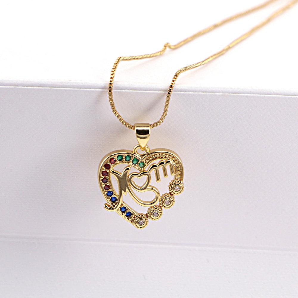 Fashion Letters MOM Heart-shaped Zircon Pendant Necklace