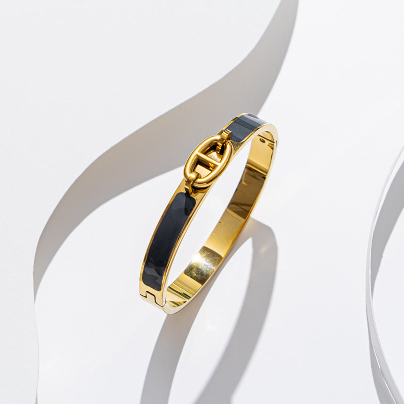 Cute Oval Enamel Stainless Steel Bangle with 18K Gold, Rose Gold, and Silver Plating