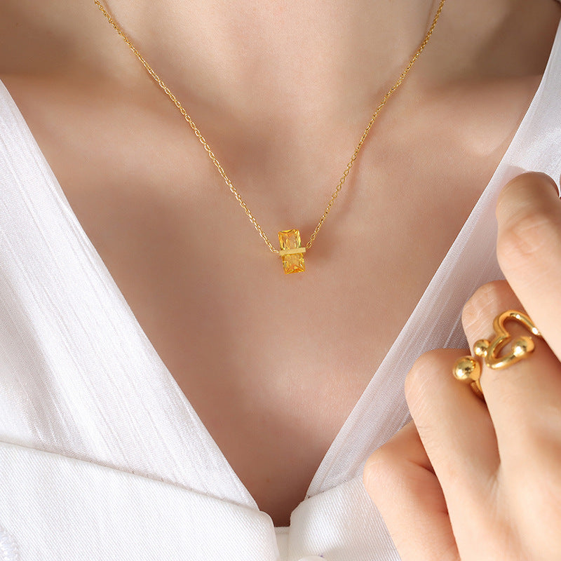 Simple Geometric Zircon Pendant Necklace in Titanium Steel