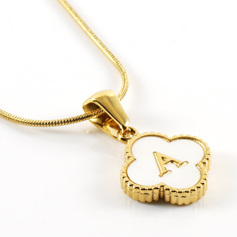 Clover Shell Letter Pendant Gold Plated Stainless Steel Snake Chain Necklace