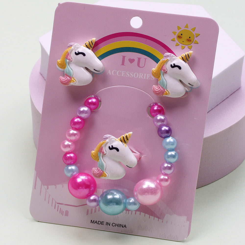 Unicorn Crown Resin Beaded Jewelry Set for Kids - Rings, Earrings, Necklace, and Bracelet