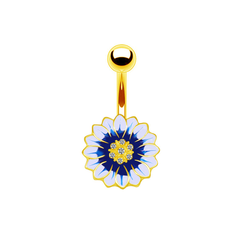 Sunflower Heart Butterfly Zircon Belly Ring in White Gold Plated Stainless Steel
