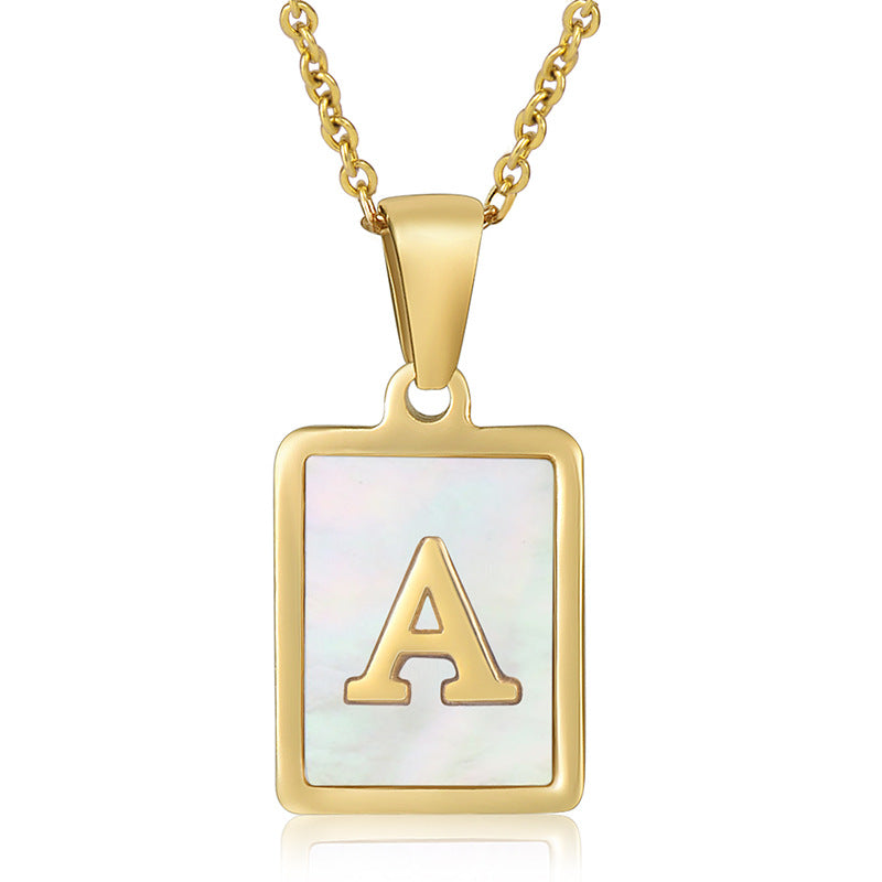 Stainless Steel Alphabet Pendant Necklace with Inlay Shell and 18K Gold Plating