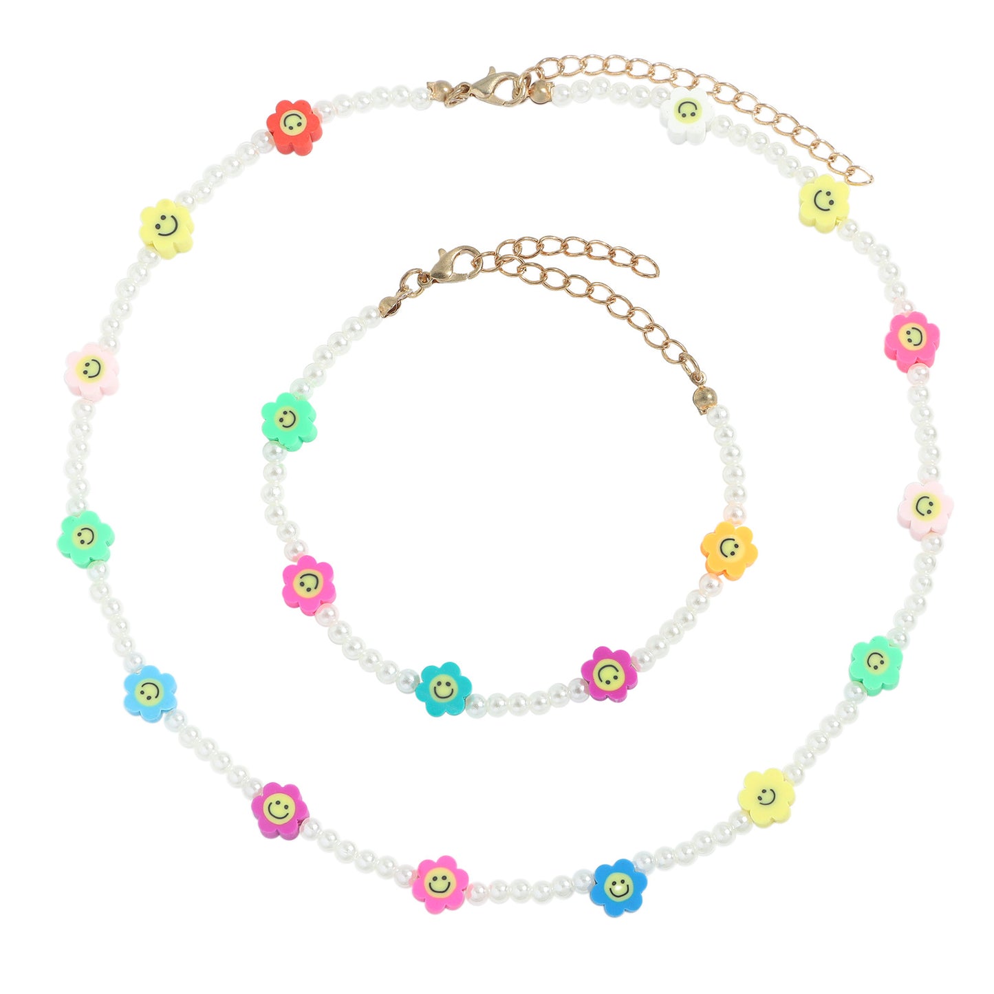 Fashion Fruit Miyuki Beads Acrylic Pearl Necklace and Handmade Clay Smiley Bracelet Set for Women and Children