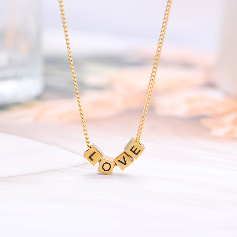 Heart Shape Titanium Steel Shell Zircon Pendant & Vintage Love Letter Block Necklace