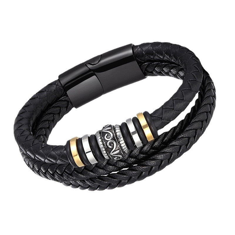 Fashion Cross Rectangle Stainless Steel Leather Braid Unisex Bracelet