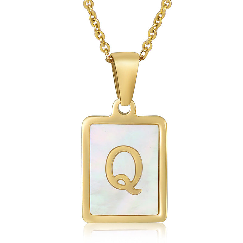 Stainless Steel Alphabet Pendant Necklace with Inlay Shell and 18K Gold Plating