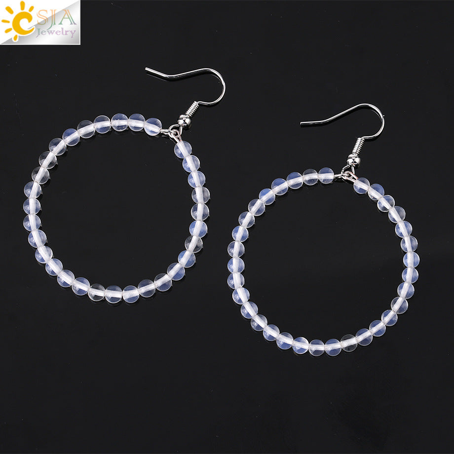 1 Pair Casual Vacation Round Beaded Alloy Natural Stone Crystal Hoop Earrings