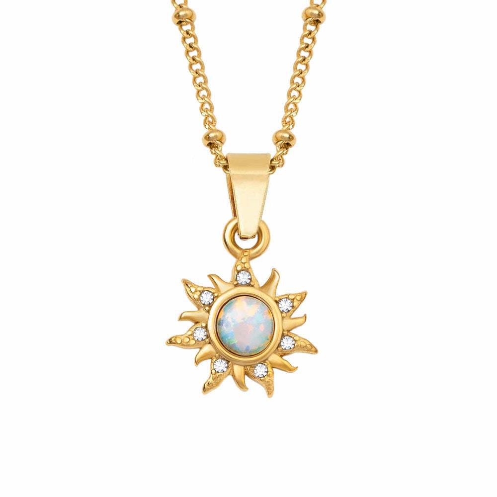 Casual Retro Opal Sun Pendant Necklace 18K Gold Plated Stainless Steel