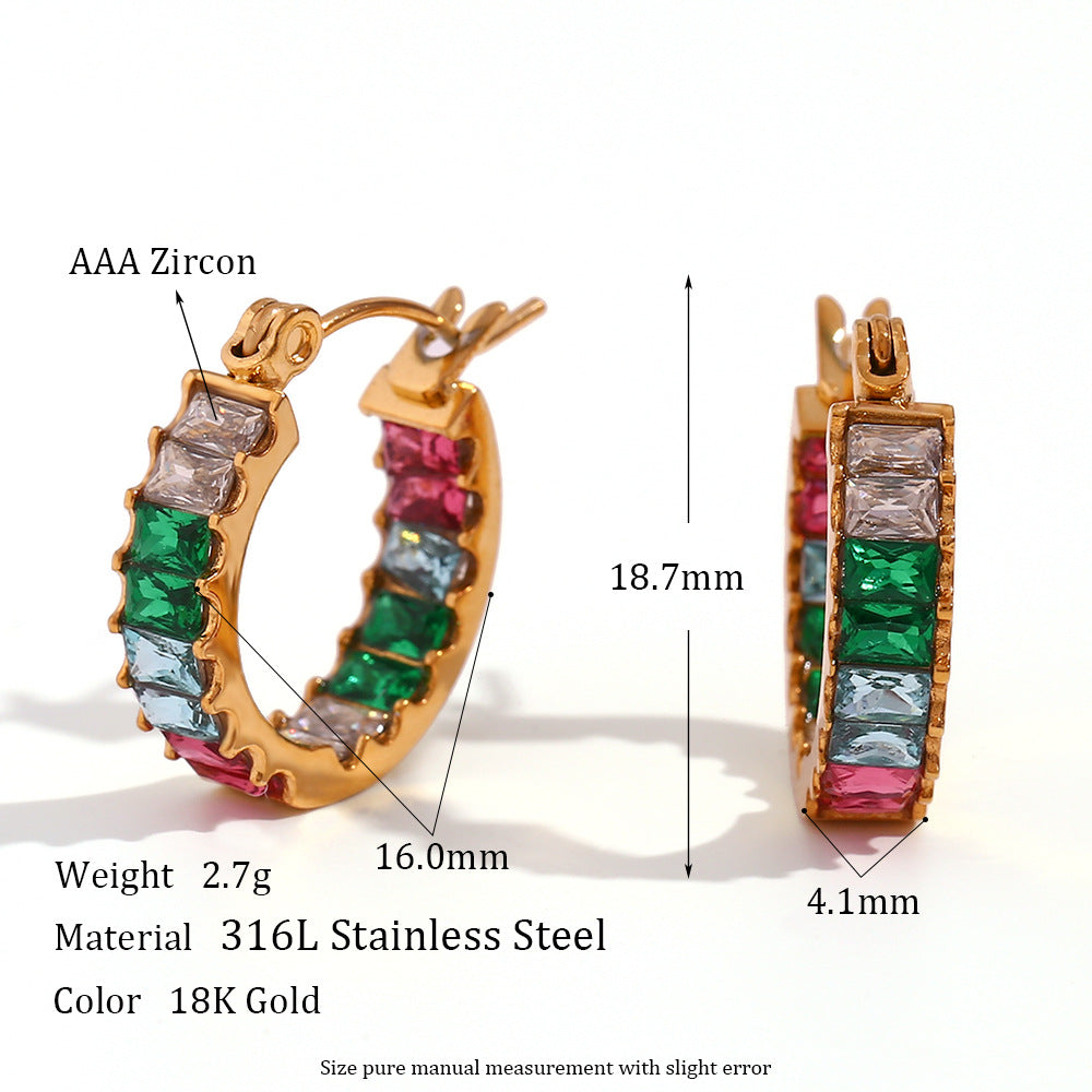Vintage Color Block Zircon Inlay 18K Gold Plated Stainless Steel Jewelry Set