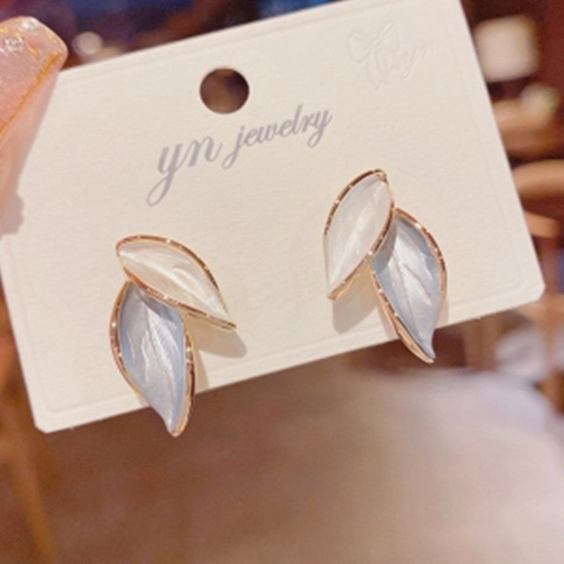 Korean Blue White Leaf Earrings with S925 Silver Needle