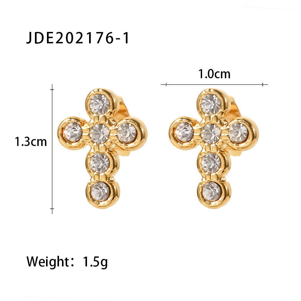 Fashion Cross Pearl Zircon Stainless Steel Earrings