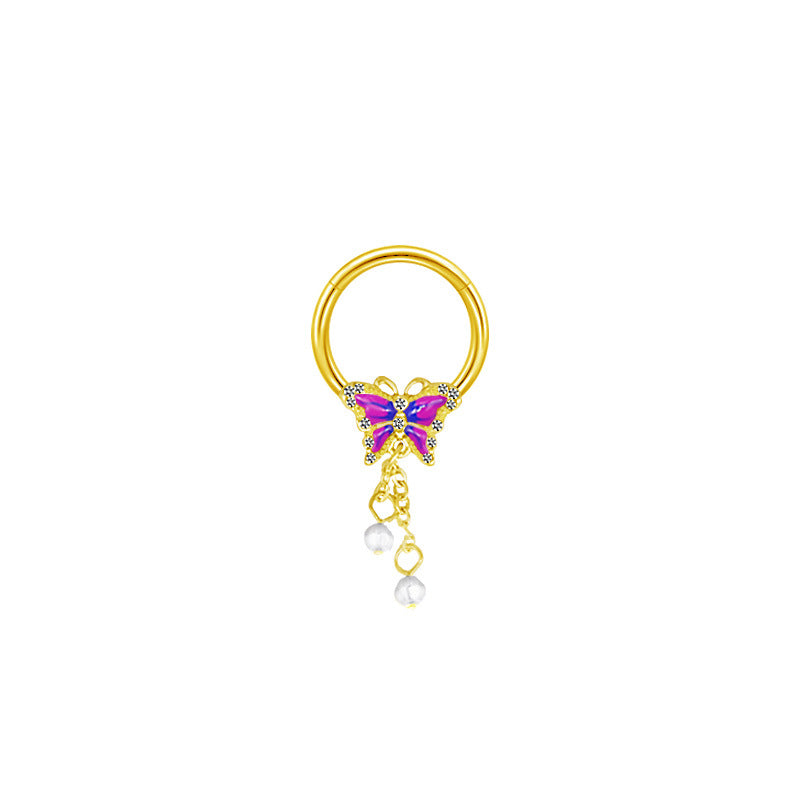 Casual Hip-Hop Butterfly Flower Rhinestone Nipple Ring Stainless Steel Copper White Gold Plated