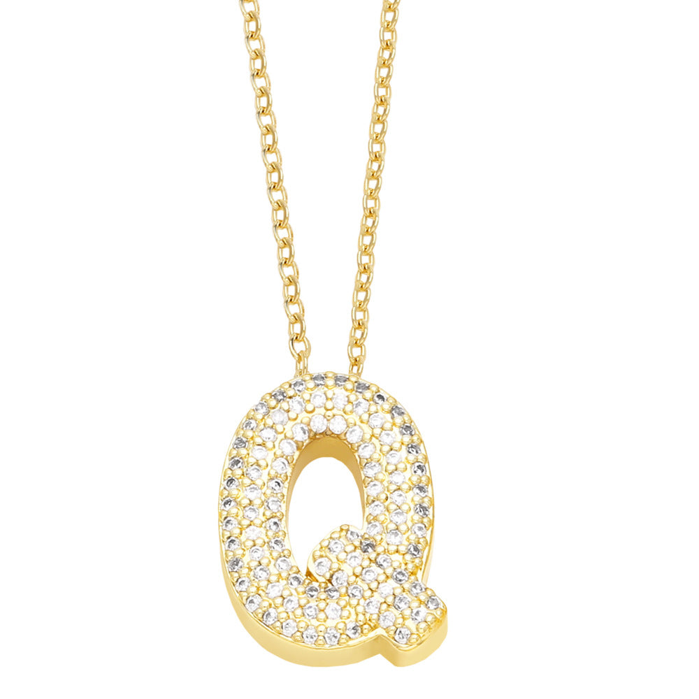 Simple Style 18K Gold Plated Alphabet Pendant Necklace with Zircon Inlay