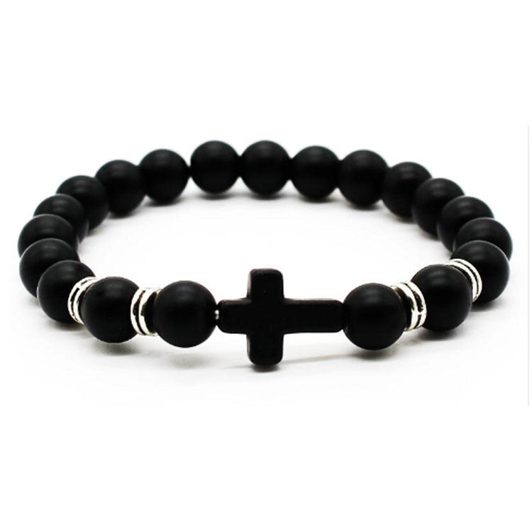Alloy Cross Bracelet with 8mm Matte Volcanic Stone Beads - Red Pine