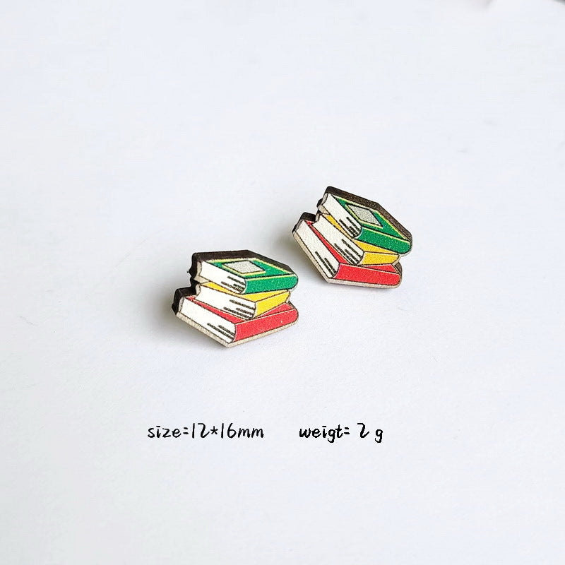 Cartoon School Supplies Wooden Stud Earrings for Women