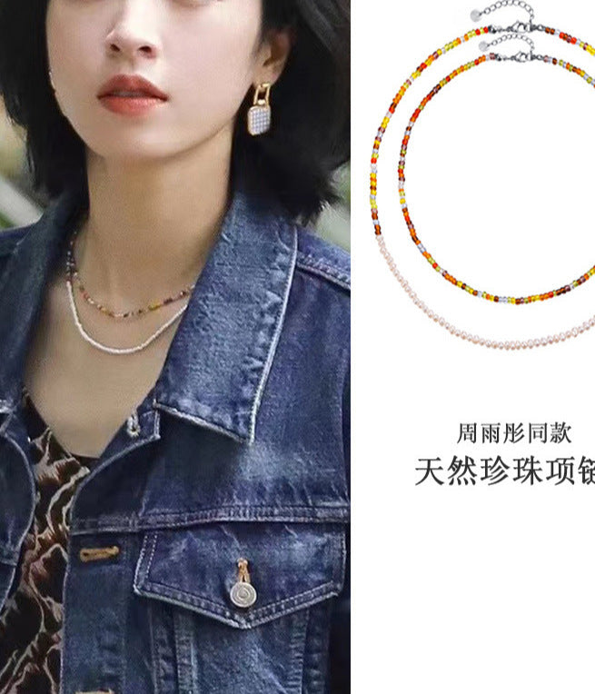Korean Colorful Flower Earrings and Beaded Pearl Necklace Set for Women
